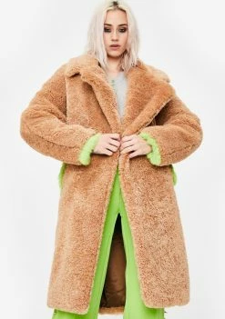 No Dress Outerwear Green Fur Trim Teddy Coat