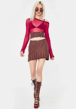 No Dress Bottoms Brown Checkered Pleated Skirt