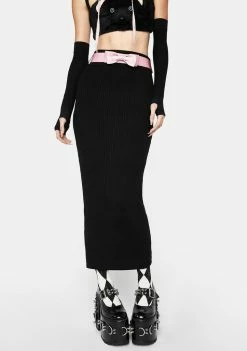 No Dress Midi Skirt Black Knitted Skirt With Pink Bow Belt