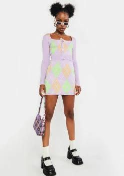 No Dress Purple Green Brown Argyle Knit Top Tops