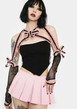 No Dress Pink Velvet Bowknot Lace Sleeve Top