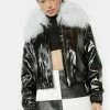 No Dress Blue Mongolian Fur Collar Leather Bomber Jacket