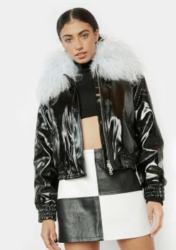 No Dress Blue Mongolian Fur Collar Leather Bomber Jacket