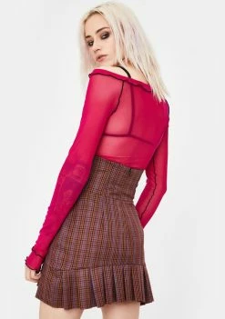 No Dress Bottoms Brown Checkered Pleated Skirt