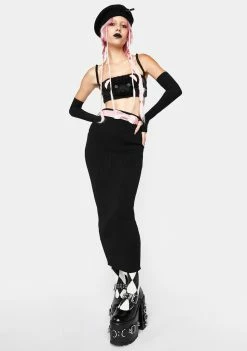No Dress Midi Skirt Black Knitted Skirt With Pink Bow Belt