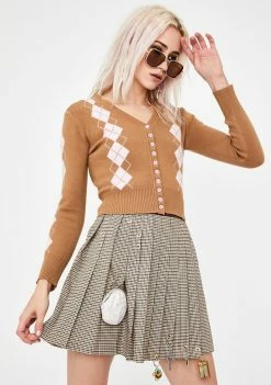 No Dress Tops Argyle Cropped Knit Cardigan
