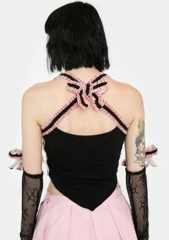 No Dress Pink Velvet Bowknot Lace Sleeve Top