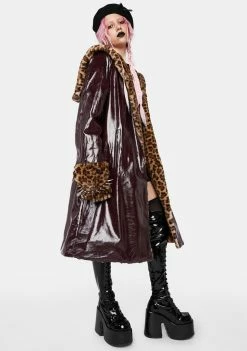 No Dress Outerwear Leopard Faux Fur And Brown Leather Long Sailor Collar Coat