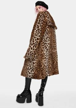 No Dress Outerwear Leopard Faux Fur And Brown Leather Long Sailor Collar Coat